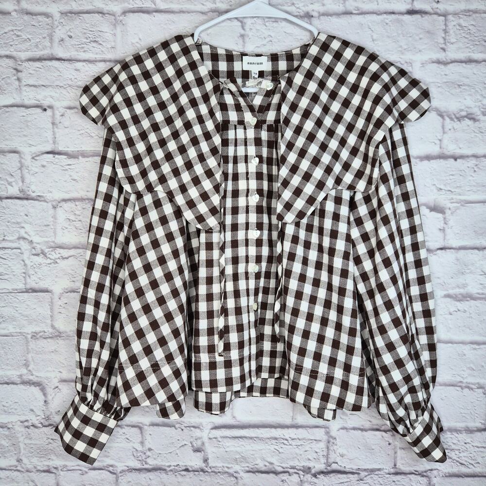 Aureum Gingham Statement Collar Blouse XS Brown White Plaid Linen Blend Coquette